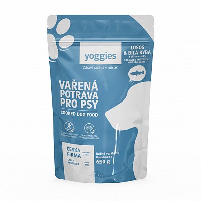 YOGGIES Vařená potrava pro psy - losos a bílá ryba s chia a kloubní výživou 650g